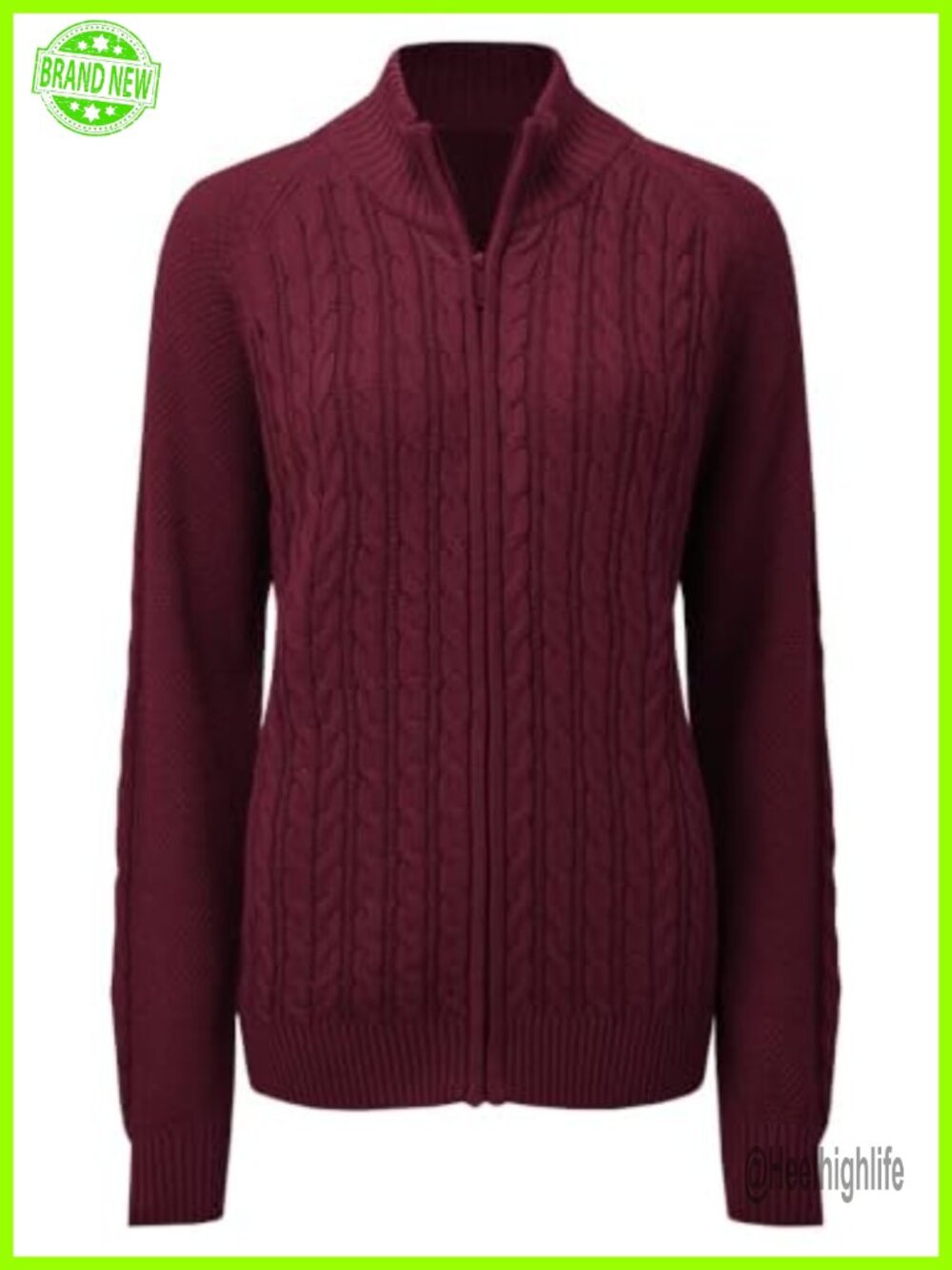 Womens Cable Knit Zip Up Cardigan Mock Neck Long Sleeve Sweater